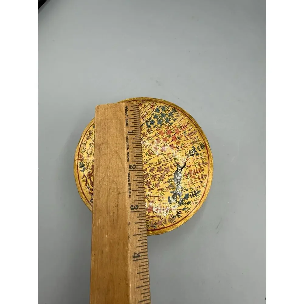 Hand Painted Floral Bird Trinket Box Gold Round Papier Mache Kashmir Style